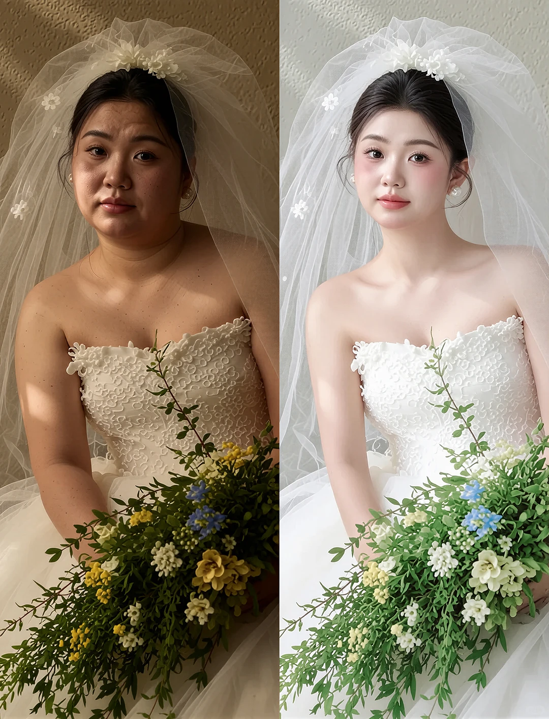 Bridal portrait before and after retouching